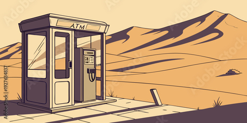 A vintage telephone booth stands alone in a vast desert landscape under a clear blue sky. Vector