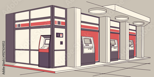 A row of red and white automated teller machines at a bank. Vector