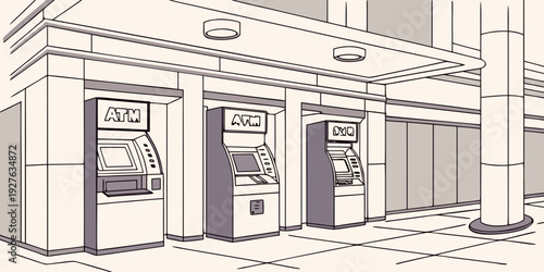 A row of three automatic teller machines outside a bank building Vector