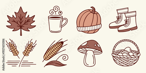 Assorted autumn and winter illustrations featuring leaves, mushrooms, and hot drinks Vector