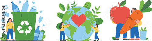 Eco friendly recycling and healthy organic food concept, save earth sustainability lifestyle flat vector illustration