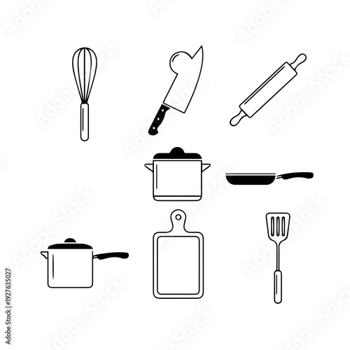 Collection of kitchen utensils and cookware displayed on a clean white background from a straightforward angle
