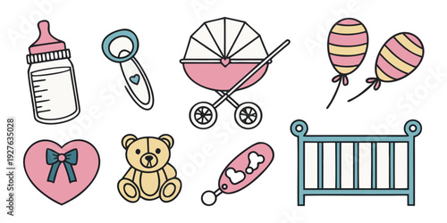 Assorted baby items including toys, diapers, and feeding accessories Vector