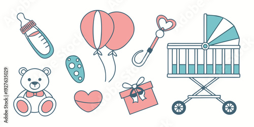 A delightful assortment of baby items including toys, balloons, and a stroller. Vector
