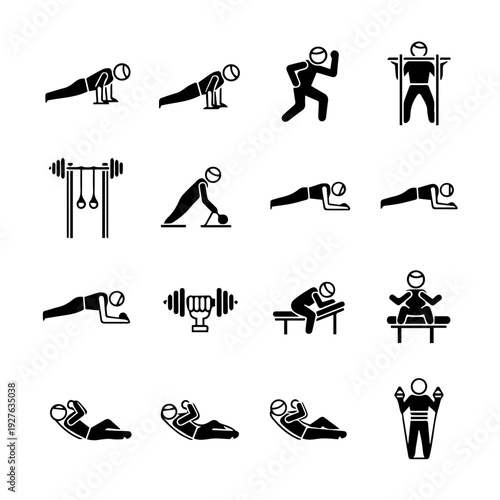 Illustrations of people exercising in various positions and activities across a plain white background from different viewpoints