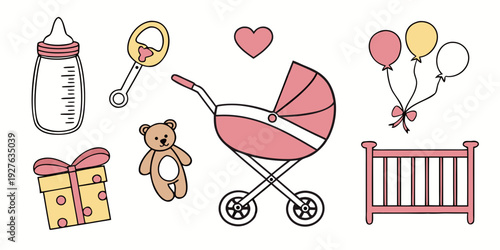 A delightful array of baby essentials and toys for a new arrival Vector