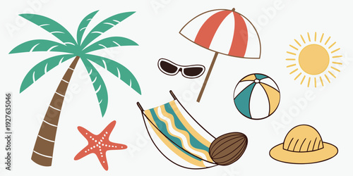 Assorted beach items arranged in a playful manner on a white background Vector