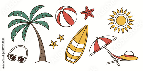 Vibrant beach scene with palm trees, surfboards, and tropical elements Vector