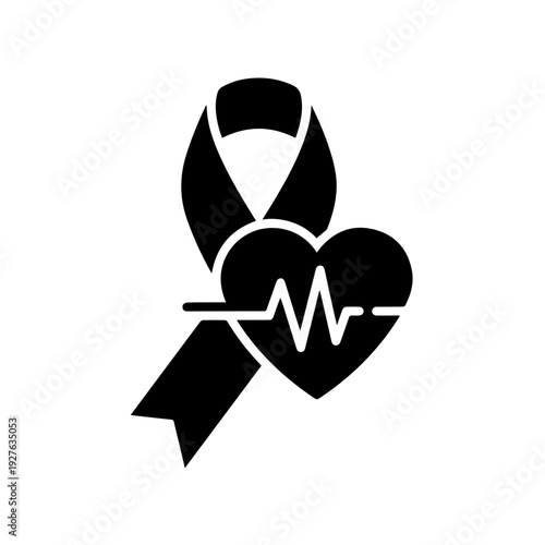 A black ribbon tied around a heart with a heartbeat line, symbolizing awareness and support for heart health and medical causes
