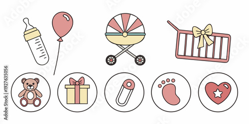 A collection of baby-related icons including a balloon, baby carriage, and baby bottle. Vector