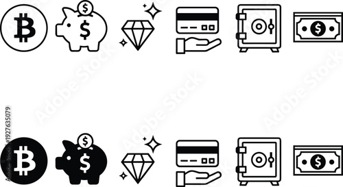 Finance Icon Set with Bitcoin Piggy Bank Diamond Credit Card Safe and Banknote Symbols for Banking Investment Wealth Management and Savings,