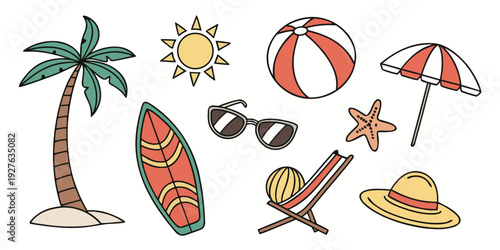 Vibrant beach scene with sun, palm tree, and various beach items Vector