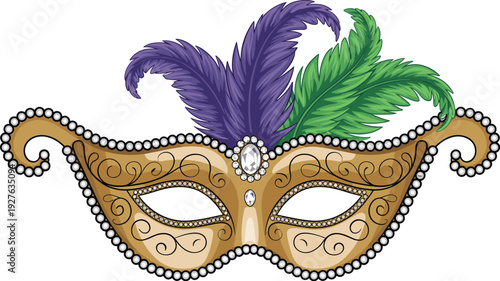 Elegant gold Venetian masquerade mask with purple green feathers rhinestone jewels ornate swirls pearl beads illustration, carnival party costume vector art.