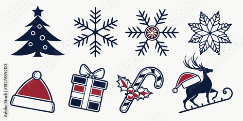 A variety of snowflakes and winter accessories displayed in a row Vector
