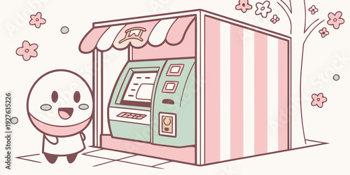 A cute cartoon character interacting with a pink and white atm machine. Vector