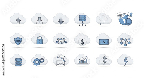 Cloud computing icons representing various technological aspects and services.