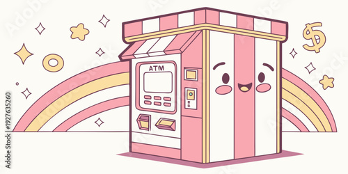 A whimsical scene of a pink vending machine dispensing colorful coins under a rainbow. Vector