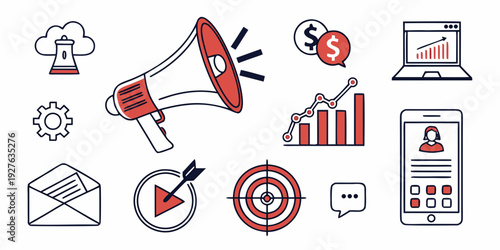 A collection of marketing and business icons representing various aspects of the industry Vector