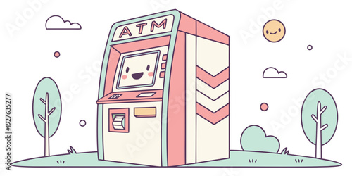 A whimsical illustration of a vending machine surrounded by trees and clouds. Vector