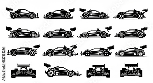 Collection of detailed black and white illustrations of racing cars in various positions.