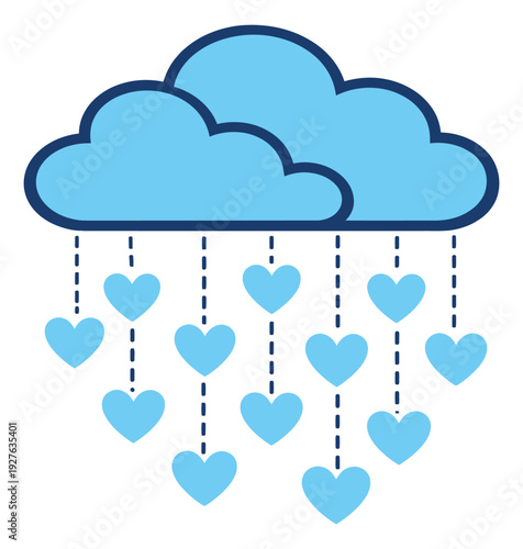 Simple line art illustration of clouds depicting raining hearts for romantic weather concepts