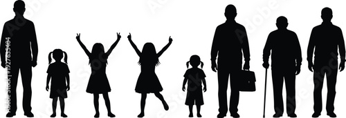 Family generation silhouettes collection, children parents and senior elderly people black vector illustration isolated on white background