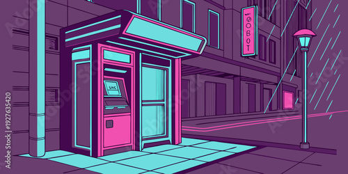 A futuristic cityscape with vibrant neon lights and a pink hue dominating the scene. Vector