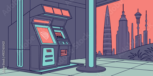 A futuristic cityscape with glowing buildings and a prominent atm in the foreground Vector