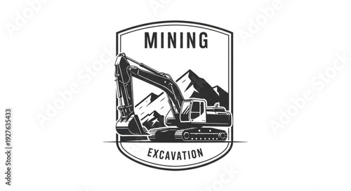 Mining excavation logo featuring heavy machinery and mountain landscape design.