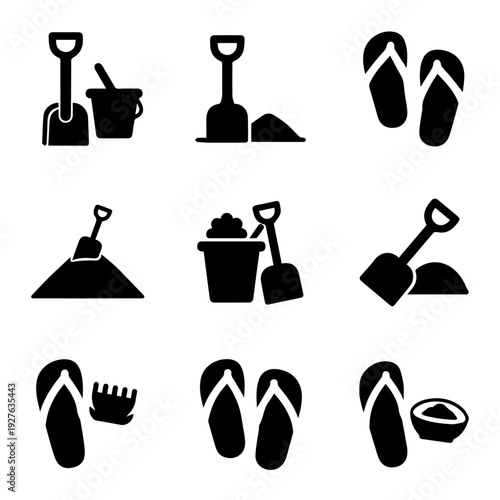 Black silhouettes of gardening tools and sandals on a plain background viewed from directly above