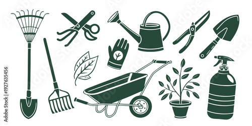 A variety of gardening tools and equipment arranged in a circular pattern Vector