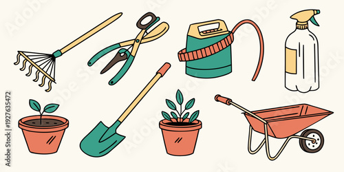 Assorted gardening tools and plants arranged in a row Vector
