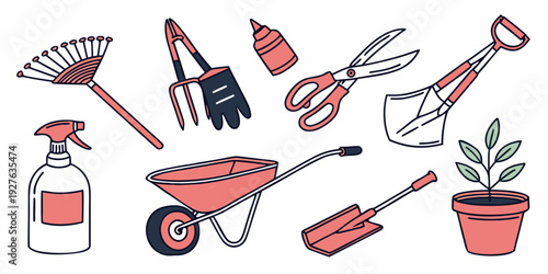 Assorted gardening tools laid out on a white background Vector
