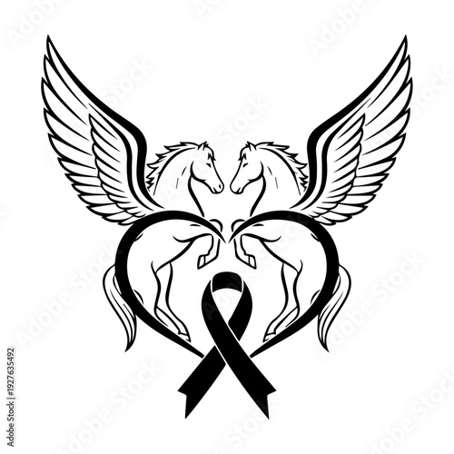 Two winged horses facing each other in a heart shape with a ribbon illustration