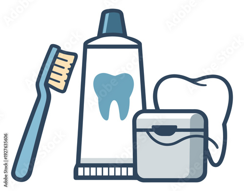 Modern line art dental care items set featuring a toothbrush, toothpaste, dental floss, and a tooth for oral health and hygiene