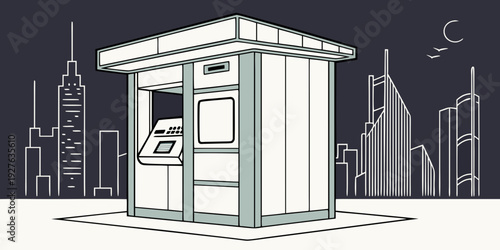 A person using an atm machine in a cityscape setting at night. Vector
