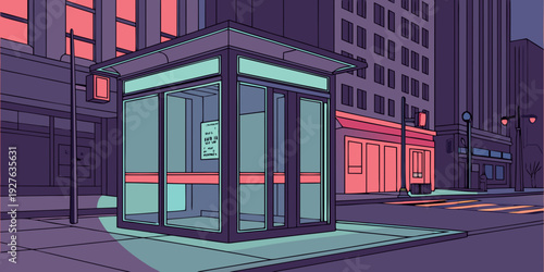 A futuristic building with a neon-lit facade stands tall against a dark sky Vector