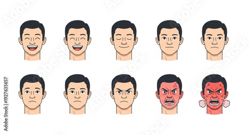 Diverse facial expressions of a man showcasing various emotions and feelings.
