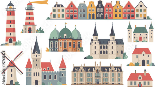 European city architecture set with lighthouse windmill castles and traditional houses, flat vector travel illustration collection