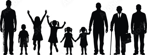 Family generation silhouettes set, children adults and elderly people black vector illustration isolated on white background