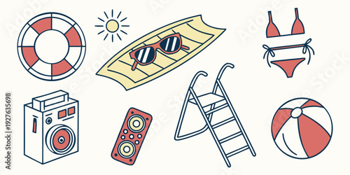 Assorted items including a first aid kit, a ladder, and a toolbox on a wooden floor Vector