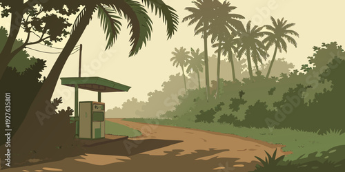 A serene tropical beach with palm trees and a wooden hut in the background Vector