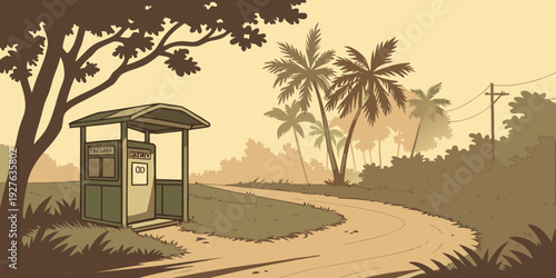 A serene tropical scene with a small hut under a large umbrella on a sandy path. Vector