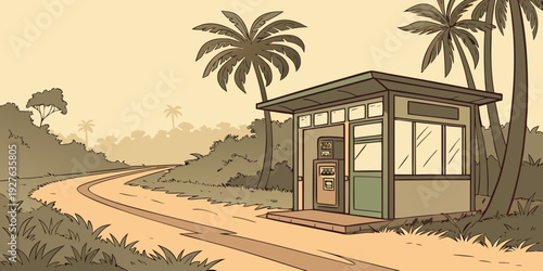 A serene tropical hut nestled among lush palm trees on a sandy beach. Vector