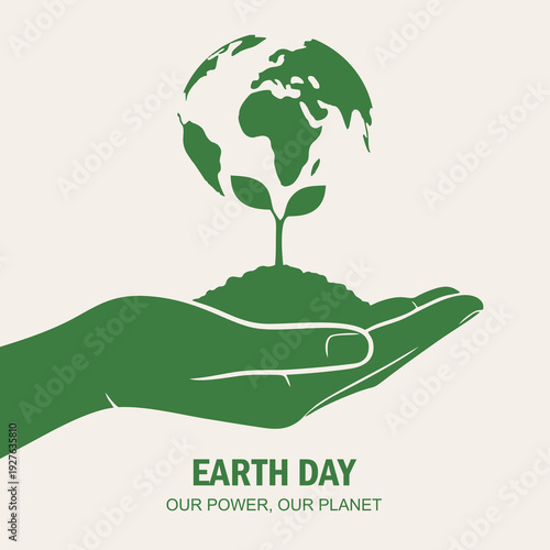 Earth Day vector illustration featuring a hand holding a growing plant shaped like planet Earth. Concept of environmental protection, sustainability, and green energy.