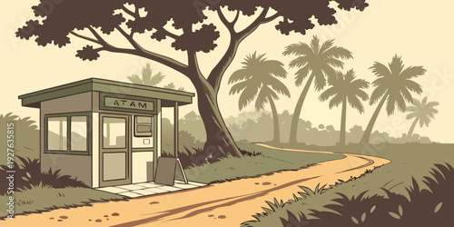 A serene scene of a small wooden cabin nestled in a lush, green forest during autumn. Vector