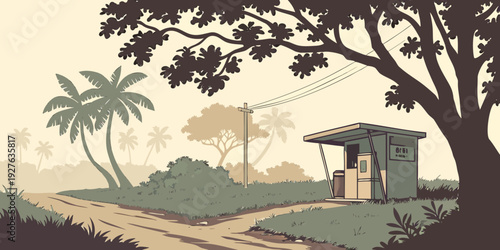 A serene countryside scene with a lone tree and a small house in the distance Vector