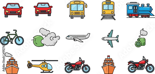 A collection of colorful cartoon icons representing various modes of transportation including cars, buses, trains, bicycles, airplanes, ships, helicopters, and motorcycles.