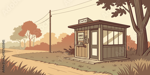 A serene countryside scene with a small bus stop and a solitary tree Vector