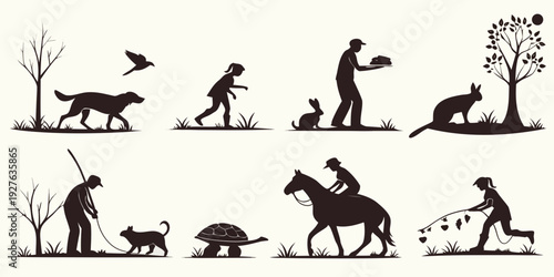 Evolution of humans from ancient times to modern era depicted in silhouette art Vector